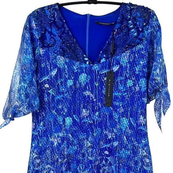 T Tahari Blue Floral Ruffled Cold Shoulder Dress NWT - Picture 2 of 16